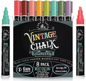 lana & luca liquid chalk markers – wet erase marker pens – for chalkboards signs, windows, blackboard, glass – 6mm reversible tip (8 pack) – vintage colors multicolor