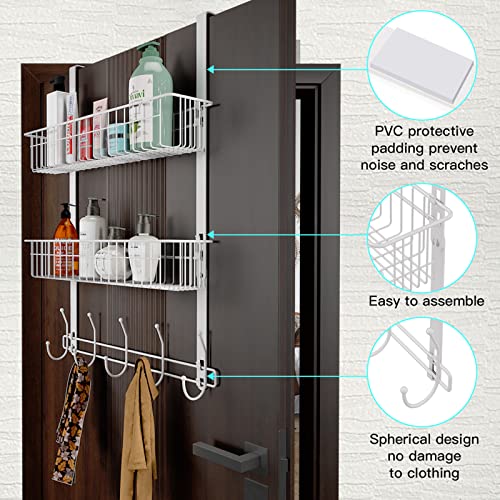 LUCYCAZ Over The Door Hooks Organizer, Door Hanger Towel Rack with 10 Coat Hooks & 2 Mesh Basket Over The Door Shelf, Back of Door Storage Organizer for Barthroom Kitchen Hanging Towel Clothes (White)