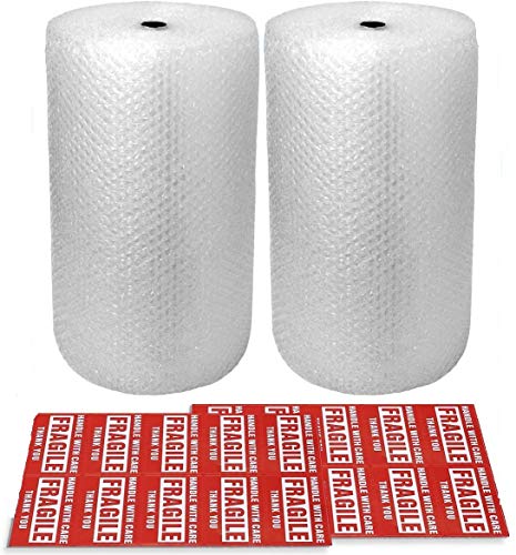 2-Pack Bubble Cushioning Wrap Rolls, 3/16" x 12" x 72' ft Total, Perforated Every 12", 20 Fragile Stickers for Packaging, Shipping, Mailing