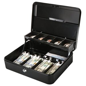 jssmst large cash box with lock – 2017 new metal money box 100% safe, 11.8l x 9.5w x 3.5h inches, black, sm-cb0501l