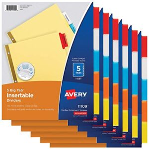 avery 11109 5-tab binder dividers, insertable multicolor big tabs, 6 sets