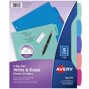 avery durable plastic 5-tab write & erase big tab dividers for 3 ring binders, pastel brights (16270)