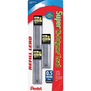 pentel® super hi-polymer® leads, 0.5 mm, hb, 30 leads per tube, pack of 3 tubes