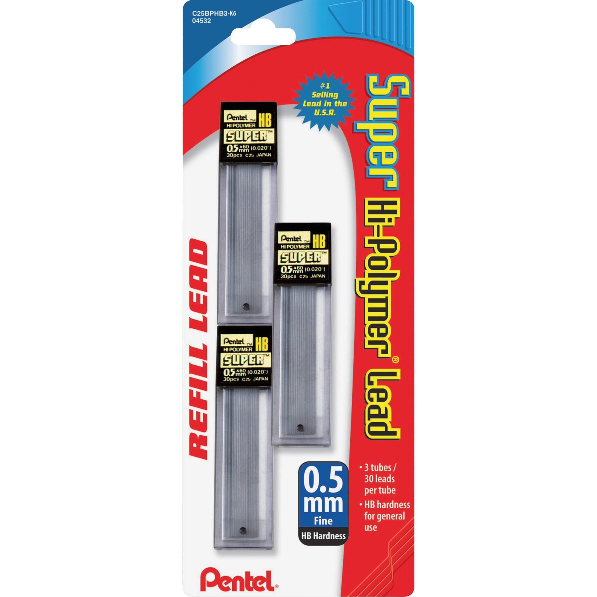 Pentel® Super Hi-Polymer® Leads, 0.5 mm, HB, 30 Leads Per Tube, Pack Of 3 Tubes