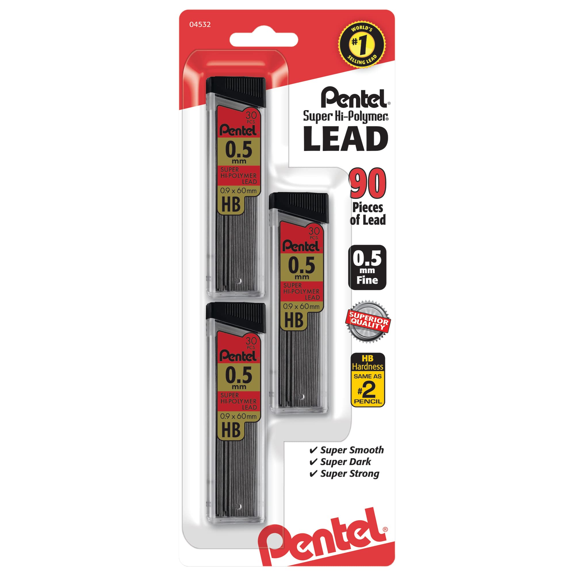 Pentel® Super Hi-Polymer® Leads, 0.5 mm, HB, 30 Leads Per Tube, Pack Of 3 Tubes