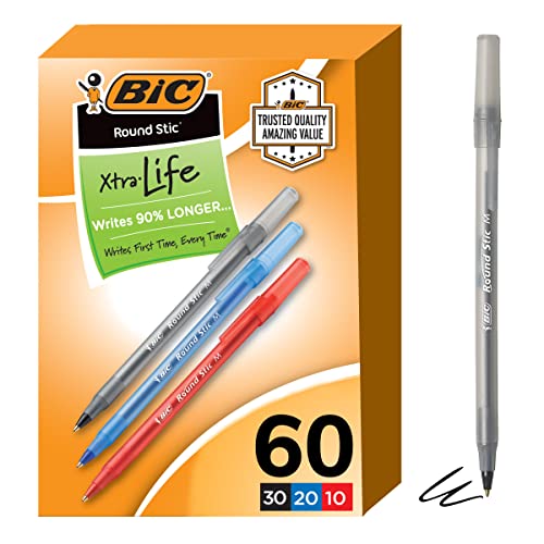 BIC Round Stic Xtra Life Assorted Ink Ballpoint Pens, Medium Point (1.0mm), 60-Count Pack of Bulk Pens, Flexible Round Barrel for Comfortable Writing, No. 1 Selling Ballpoint Pens