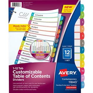 avery 12 tab dividers for 3 ring binders, customizable table of contents, multicolor tabs, 1 set (11843)