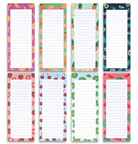 8 Magnetic Notepads - Large Notepads for Grocery List, Shopping List, To-Do List, Reminders, Recipes -Magnetic Back- Memo Notepad with Realistic Fruit Designs | 60 Sheets per Pad 9 x 3.5 inch (8 Pack)