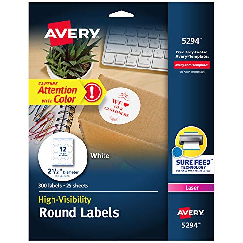 Avery High Visibility Printable Round Labels with Sure Feed, 2.5" Diameter, White, 300 Customizable Blank Labels Total (5294)