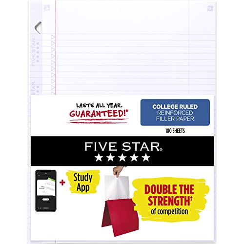 Five Star Loose Leaf Paper + Study App, 1 Pack, 3 Hole Punched, Reinforced Filler Paper, College Ruled Paper, 11" x 8-1/2", 100 Sheets/Pack (17010)