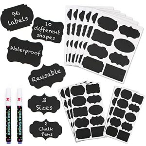 mantah chalkboard label stickers 96pcs – 9 assorted shapes in 3 sizes with 2 white chalk marker, reusable waterproof chalk label for storage bin, labels for food container, label for jars, containers