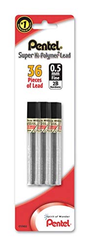 Pentel® Super Hi-Polymer® Leads, 0.5 mm, 2B, 12 Leads Per Tube, Pack Of 3 Tubes