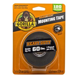 gorilla heavy duty, extra long double sided mounting tape, 1″ x 120″, black, (pack of 1)