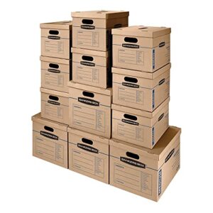 bankers box smoothmove classic moving boxes, tape-free assembly, easy carry handles, brown, assorted 12 pack (7716401)