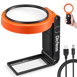 dicfeos 30x 40x magnifying glass with light and stand, folding design 18 led illuminated magnifying glass for close work, handheld large magnifying glasses for reading, powered by battery or usb