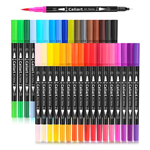 Caliart 34 Double Tip Brush Pens Art Markers, Artist Fine & Brush Pen Coloring Markers for Kids Adult Coloring Book Journaling Note Taking Lettering Calligraphy Drawing Pen Art Craft Supplies Kit