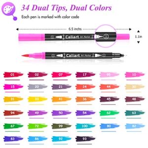 Caliart 34 Double Tip Brush Pens Art Markers, Artist Fine & Brush Pen Coloring Markers for Kids Adult Coloring Book Journaling Note Taking Lettering Calligraphy Drawing Pen Art Craft Supplies Kit