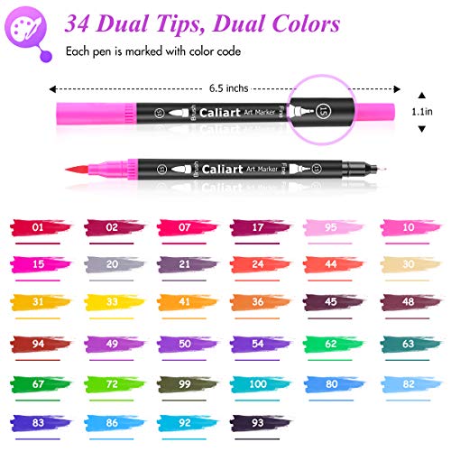 Caliart 34 Double Tip Brush Pens Art Markers, Artist Fine & Brush Pen Coloring Markers for Kids Adult Coloring Book Journaling Note Taking Lettering Calligraphy Drawing Pen Art Craft Supplies Kit