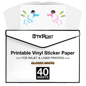 printable vinyl for inkjet printer & laser printer – 40 pcs glossy white inkjet printable vinyl sticker paper, 8.5″x11″