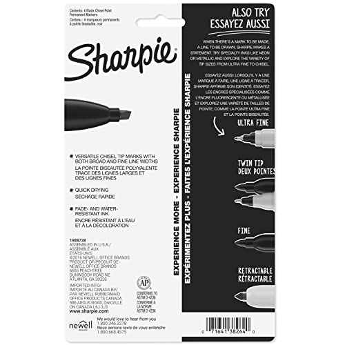 SHARPIE Permanent Markers, Chisel Tip, Black, 4 Count