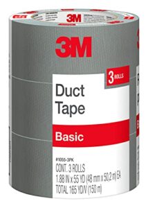 3m basic duct tape, silver duct tape for temporary repairs, 3m duct tape for indoor use, 1.88 inches x 55 yards, 3 rolls