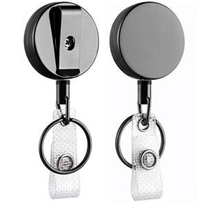 2 pack heavy duty retractable badge holder reel, will well metal id badge holder with belt clip key ring for name card keychain [all metal casing, 27.5″ uhmwpe fiber cord, reinforced id strap]
