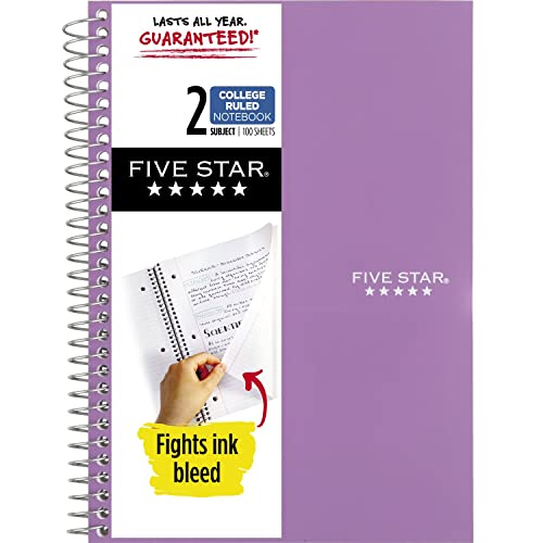 Five Star Small Spiral Notebook, 2-Subject, College Ruled Paper, 9-1/2" x 6", 100 Sheets, Amethyst Purple (840004CF1)