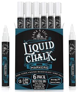 liquid chalk marker pen – white, dry erase for chalkboard signs, windows, blackboard, glass with 24 chalkboard labels included (6 pack) 3-6mm reversible tip, 3-3mm fine tip