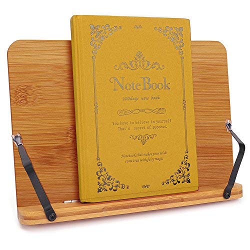 Bamboo Book Stand,wishacc Adjustable Book Holder Tray and Page Paper Clips-Cookbook Reading Desk Portable Sturdy Lightweight Bookstand-Textbooks Books