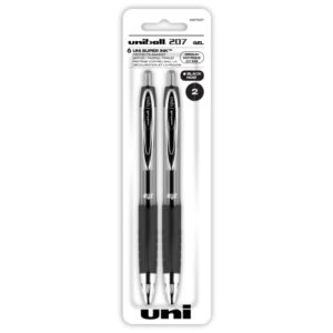 black retractable gel pens 2 pack with medium points, uni-ball 207 signo click pens are fraud proof and the best office pens, nursing pens, business pens, school pens, and bible pens