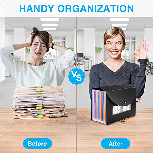 Sooez 24 Pockets Expanding File Folder with Blank Labels, According File Organizer with Expandable Cover, Desktop Accordion Folders Letter A4 Paper Document Storage Organizer, Black