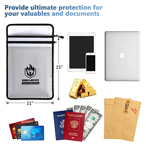 Upgraded Two Pockets Fireproof Document Bag (2000℉), andyer 15”x 11”Waterproof and Fireproof Money Bag with Zipper, Fire Safe Storage for Valuables,Money,Jewelry,Legal Documents,File and Tablet