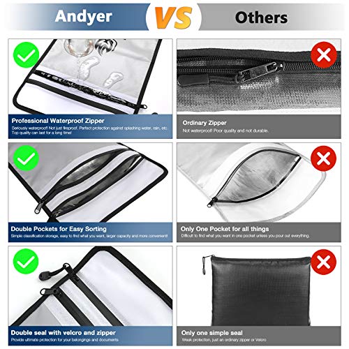 Upgraded Two Pockets Fireproof Document Bag (2000℉), andyer 15”x 11”Waterproof and Fireproof Money Bag with Zipper, Fire Safe Storage for Valuables,Money,Jewelry,Legal Documents,File and Tablet