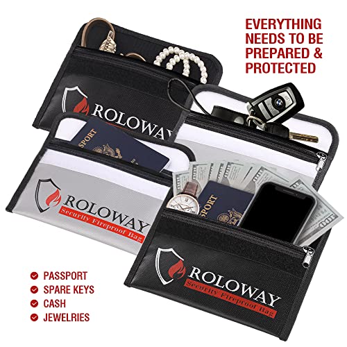 ROLOWAY Small Fireproof Bag (5 x 8 inches), Non-itchy Fireproof Money Bag, Fireproof Wallet Bag, Cash Fireproof Bag Set for Valuables - Passport, Currency & Keys (2-Pack)