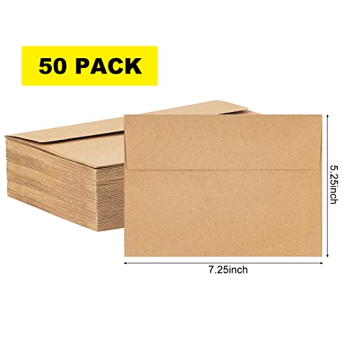 Kraft Envelopes, 50 Pack, 5 x 7 Inch, Brown Envelopes,A7 Envelopes, Card Envelopes, Kraft Paper Envelopes, Invitation Envelopes, Postcard Envelopes