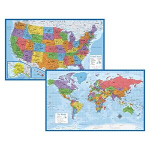 laminated world map & us map poster set – 18″ x 29″ – wall chart maps of the world & united states – made in the usa (laminated)