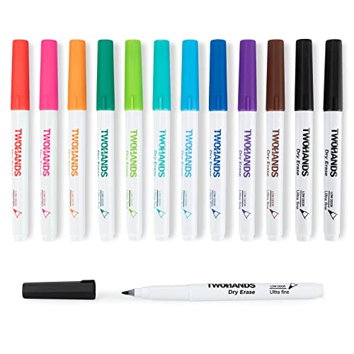 TWOHANDS Dry Erase Markers Ultra Fine Tip,0.7mm,Low Odor,Extra Fine Point,11 Assorted Colors,Whiteboard Markers for kids,School,Office,Home,or Planning Whiteboard,12 Count,20529