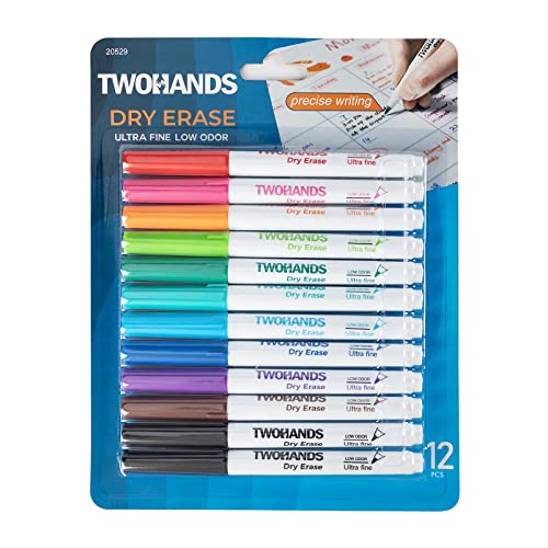 TWOHANDS Dry Erase Markers Ultra Fine Tip,0.7mm,Low Odor,Extra Fine Point,11 Assorted Colors,Whiteboard Markers for kids,School,Office,Home,or Planning Whiteboard,12 Count,20529