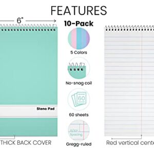 Better Office Products Spiral Steno Pads, 10 Pack, 6 x 9 inches, 80 Sheets, White Paper, Gregg Rule, Assorted Pastel Color Covers, 10 Steno Notebooks