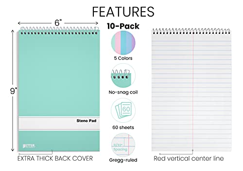 Better Office Products Spiral Steno Pads, 10 Pack, 6 x 9 inches, 80 Sheets, White Paper, Gregg Rule, Assorted Pastel Color Covers, 10 Steno Notebooks