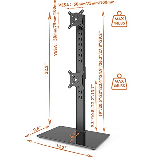 Dual Monitor Stand - Vertical Stack Screen Free-Standing Monitor Riser Fits Two 13 to 34 Inch Screen with Swivel, Tilt, Height Adjustable, Holds One (1) Screen up to 44Lbs HT05B-002