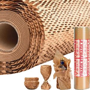 tdzwin honeycomb packing paper, 15″x 213′ eco friendly packing paper for moving, recyclable honeycomb packing paper wrapping protective roll with 12 fragile sticker labels & 100ft jute twine brown