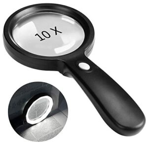 magnifying glass with light, 10x handheld large magnifying glass 12 led illuminated lighted magnifier for macular degeneration, seniors reading, soldering, inspection, coins, jewelry, exploring