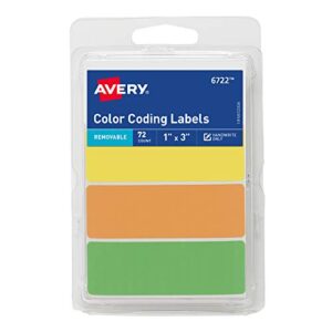 avery rectangular color coding labels, 1 x 3 inches, assorted, removable, pack of 72 (06722)