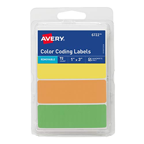 Avery Rectangular Color Coding Labels, 1 x 3 Inches, Assorted, Removable, Pack of 72 (06722)