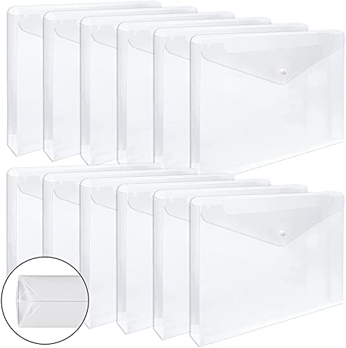 EOOUT 12pcs Plastic Envelopes, Clear Folders, Expandable Gusset and Plastic Waterproof Envelope with Snap Button Closure, Letter Size, A4 Size, for School and Office Suppiles