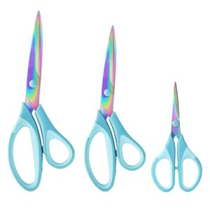 craft scissors, all purpose sharp titanium blades shears, rubber soft grip handle, multipurpose fabric scissors tool set great for office, sewing, arts, school and home supplies, 1 set of 3 pack, blue