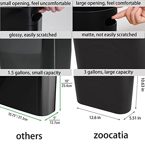 zoocatia Small Trash Can Garbage Can Container Bin with Handles 3 Gallons Plastic Wastebasket for Bathrooom, Bedroom, Office, Kitchen, Laundry Room, Dorm Room - Black