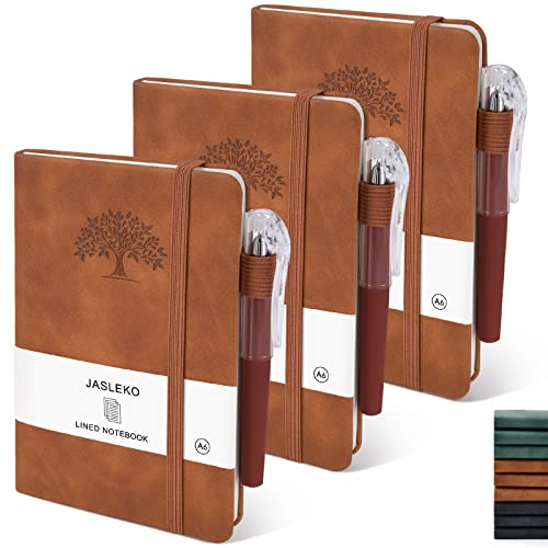 3 Pack Brown Leather Pocket Notebook Journal with 3 Pen for Men & Women Business Travel School Work,A6 Hardcover Small Notebooks Mini Cute College Ruled Notepads with Pen Holder,160 Pages Writing Journals with Lined Paper Note pads 3.7”x 5.7”