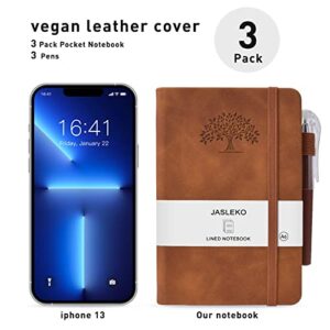 3 Pack Brown Leather Pocket Notebook Journal with 3 Pen for Men & Women Business Travel School Work,A6 Hardcover Small Notebooks Mini Cute College Ruled Notepads with Pen Holder,160 Pages Writing Journals with Lined Paper Note pads 3.7”x 5.7”